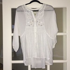 Free People Smocked Appliqué Hi Low Shirt.